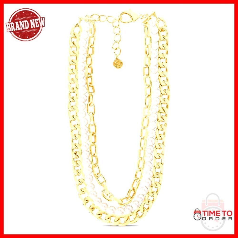 Gold Three Strand Pearl and Chain Necklace, 18 Inch Statement Piece